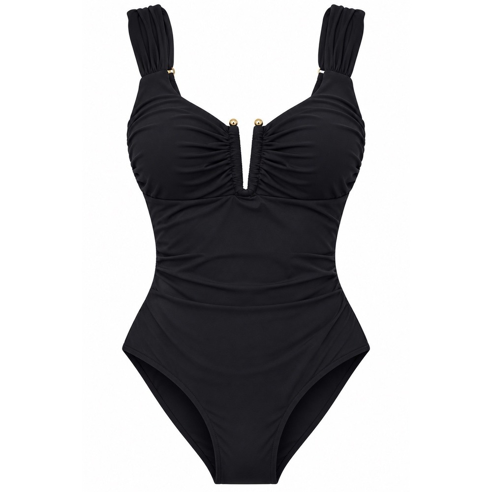 BECCA Rebecca Virtue Shirred V Wire One Piece Swimsuit L Black NWT $138